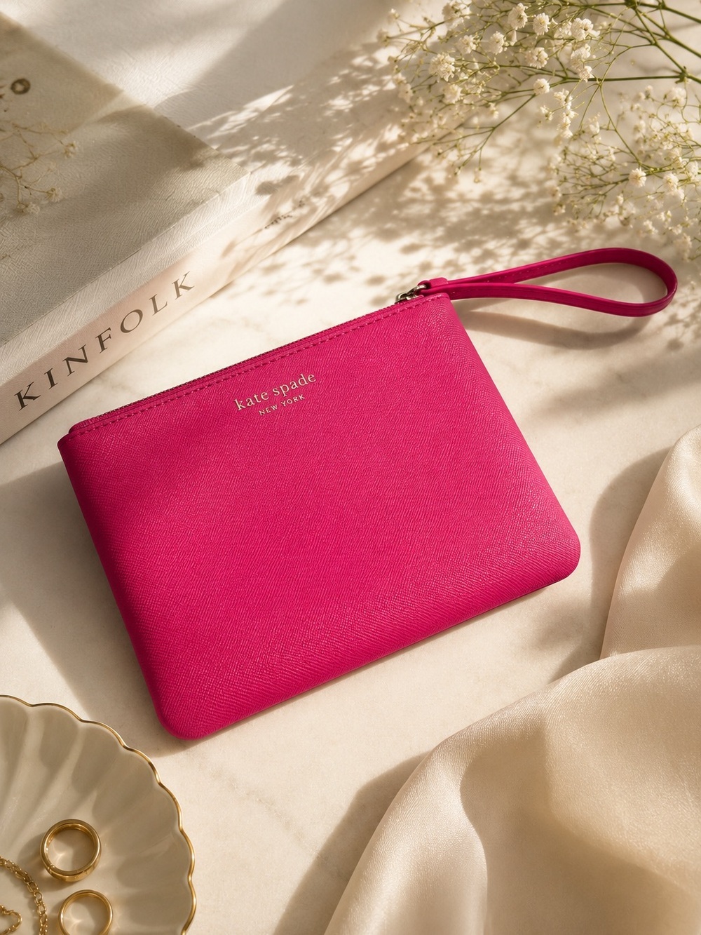 Kate Spade New York Hot Pink Saffiano Leather Wristlet Zip Pouch Clutch